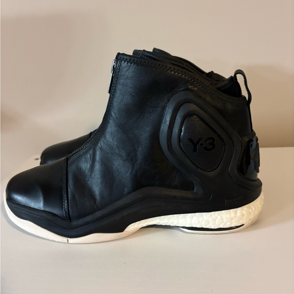 Y-3 D Rose Black Leather High-Top Sneakers with White Sole Men’s Size 10